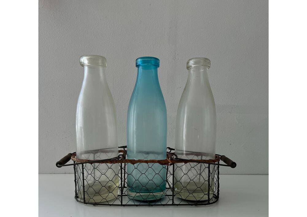 Vintage Glass milk bottles in Wire basket Wooden Handles